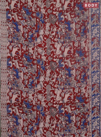 Kalamkari cotton saree maroon and blue with allover prints and printed border