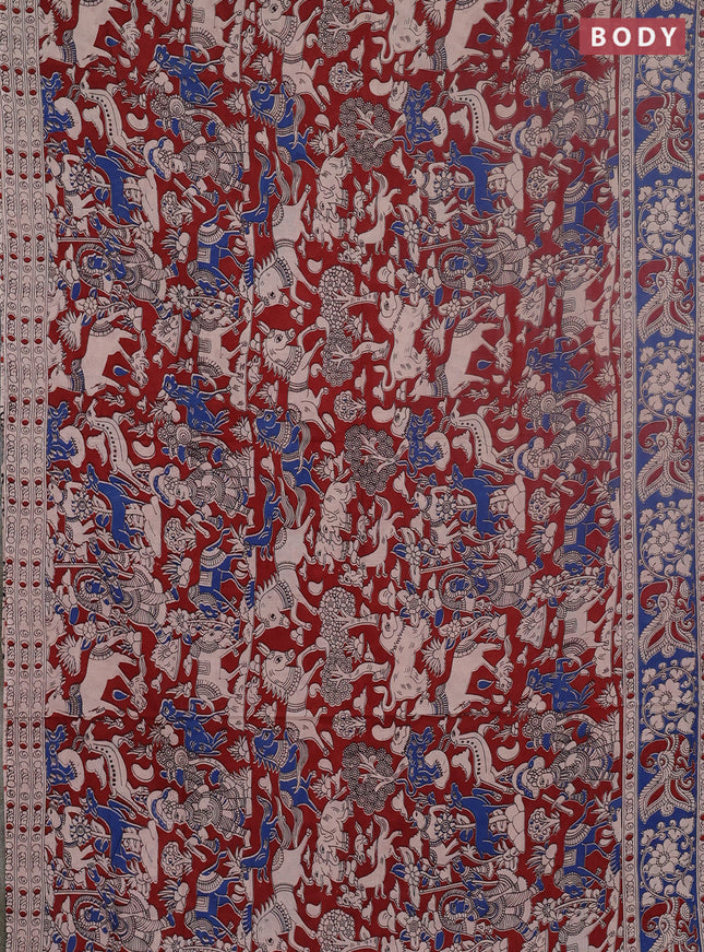 Kalamkari cotton saree maroon and blue with allover prints and printed border