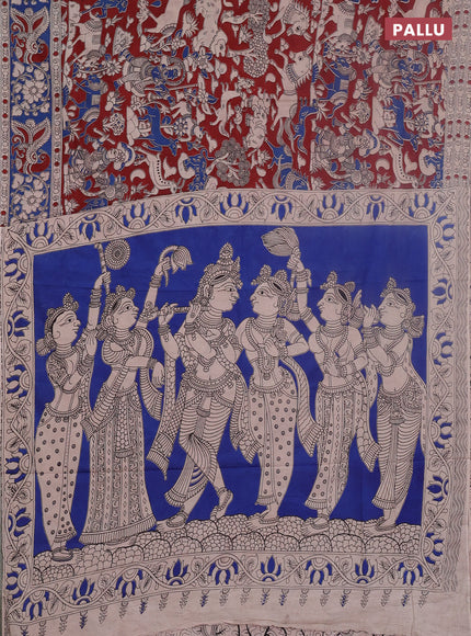 Kalamkari cotton saree maroon and blue with allover prints and printed border