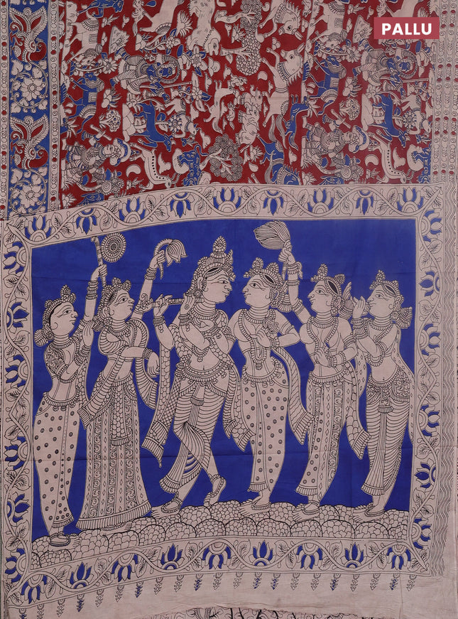 Kalamkari cotton saree maroon and blue with allover prints and printed border