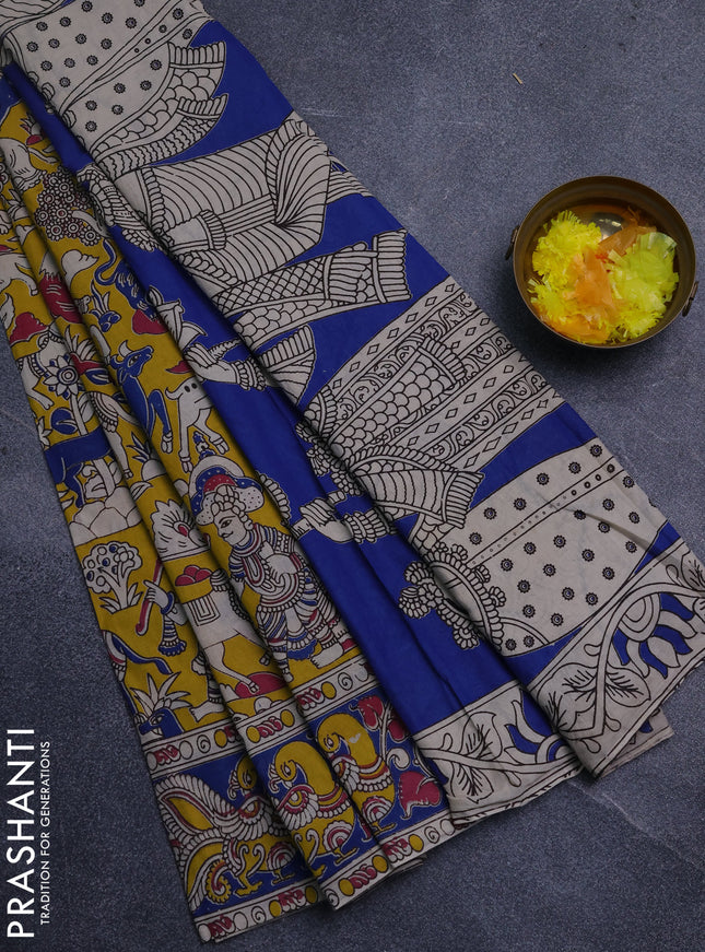 Kalamkari cotton saree yellow and blue with allover prints and printed border