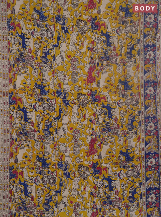 Kalamkari cotton saree yellow and blue with allover prints and printed border