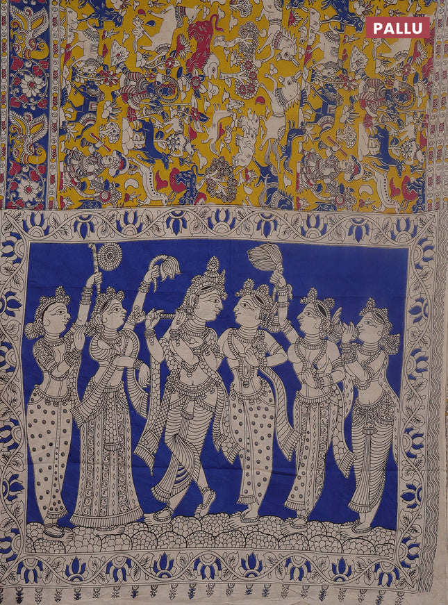 Kalamkari cotton saree yellow and blue with allover prints and printed border