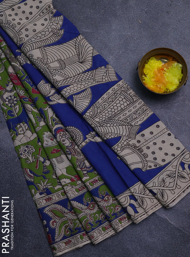 Kalamkari cotton saree light green and blue with allover prints and printed border