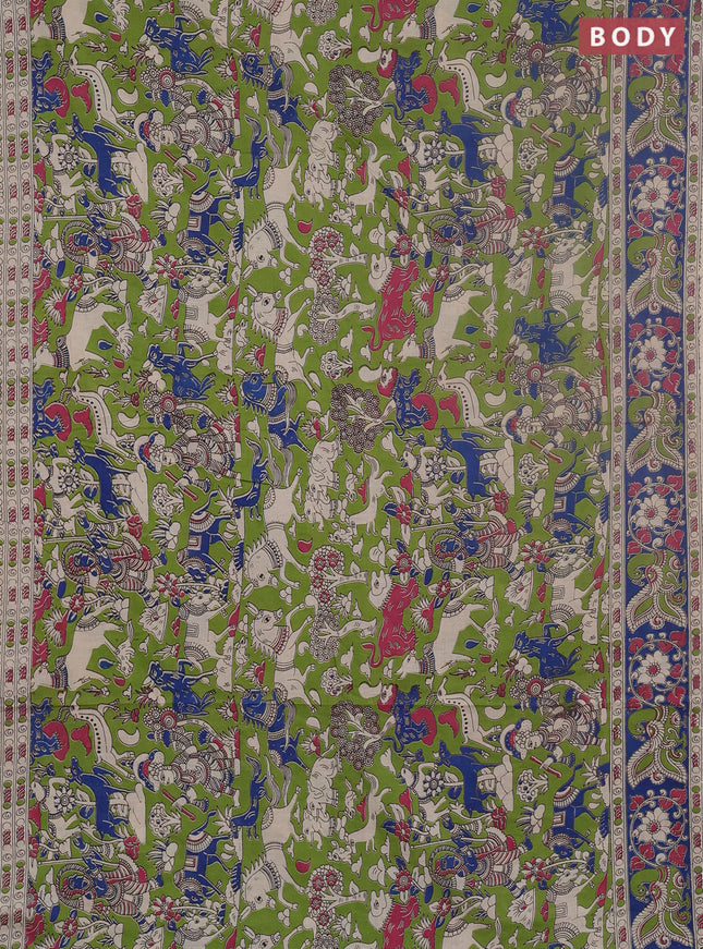 Kalamkari cotton saree light green and blue with allover prints and printed border