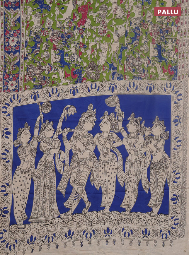 Kalamkari cotton saree light green and blue with allover prints and printed border