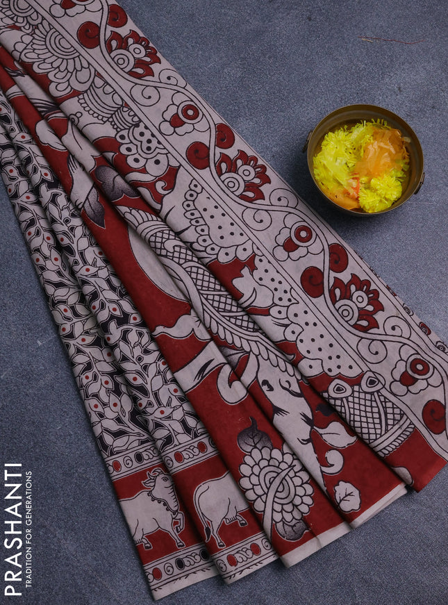 Kalamkari cotton saree black and maroon with allover prints and pichwai border