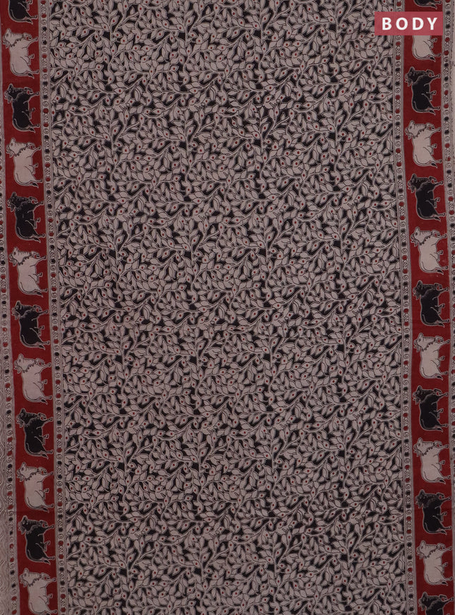 Kalamkari cotton saree black and maroon with allover prints and pichwai border