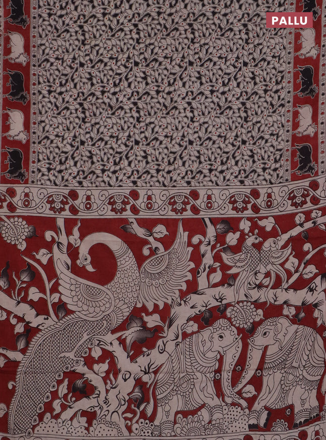 Kalamkari cotton saree black and maroon with allover prints and pichwai border