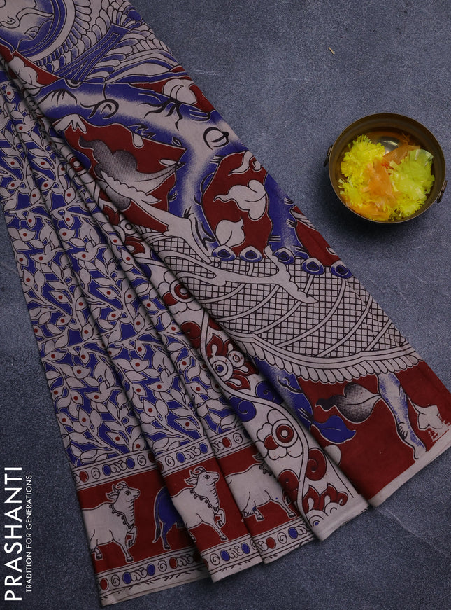 Kalamkari cotton saree blue and maroon with allover prints and pichwai border