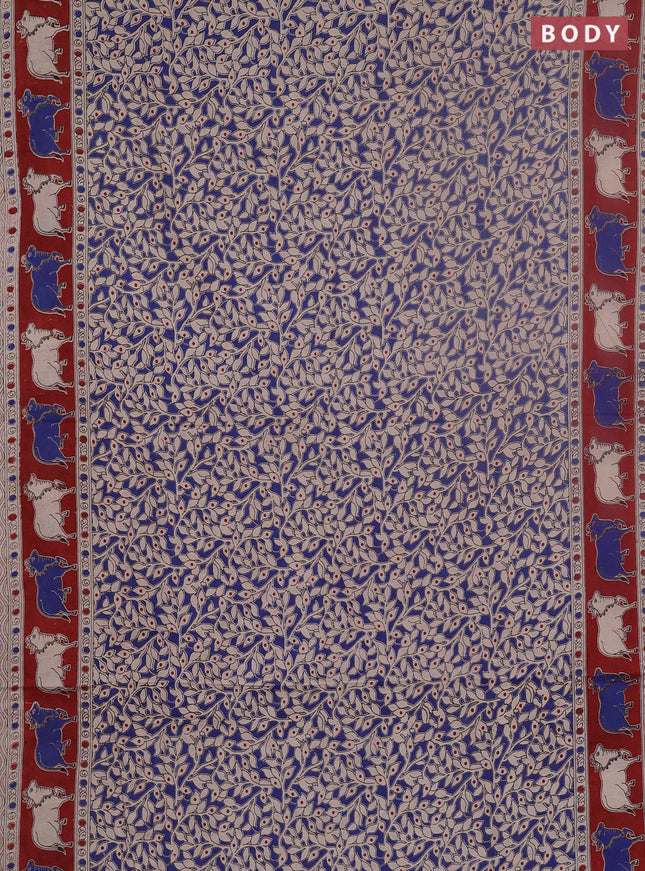 Kalamkari cotton saree blue and maroon with allover prints and pichwai border