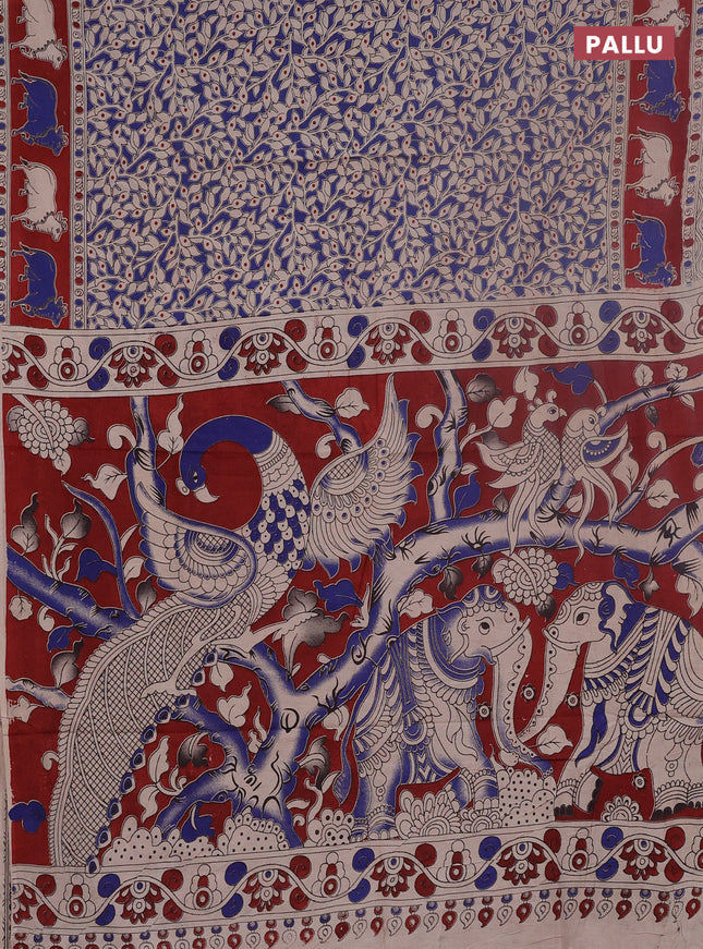 Kalamkari cotton saree blue and maroon with allover prints and pichwai border