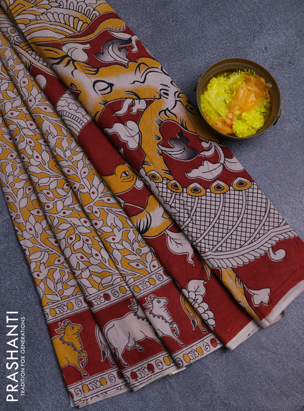 Kalamkari cotton saree yellow and maroon with allover prints and pichwai border