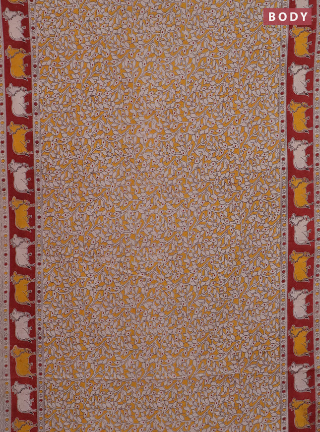 Kalamkari cotton saree yellow and maroon with allover prints and pichwai border