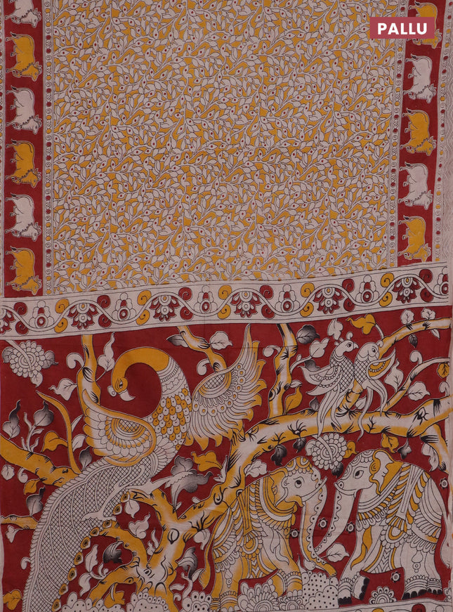 Kalamkari cotton saree yellow and maroon with allover prints and pichwai border