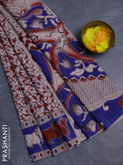Kalamkari cotton saree maroon and blue with allover prints and pichwai border