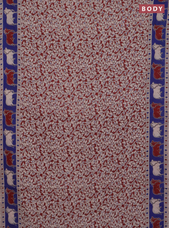 Kalamkari cotton saree maroon and blue with allover prints and pichwai border