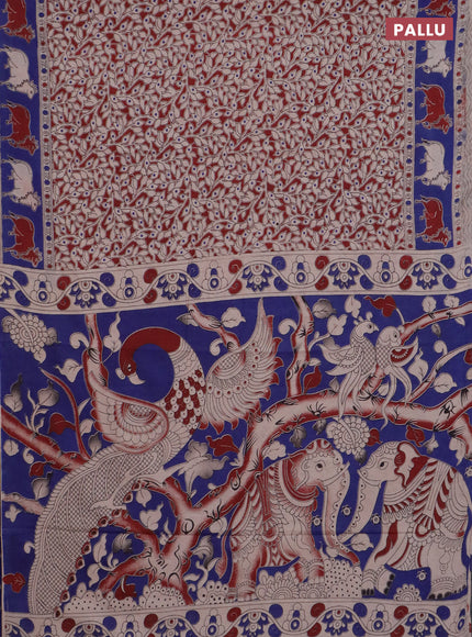 Kalamkari cotton saree maroon and blue with allover prints and pichwai border