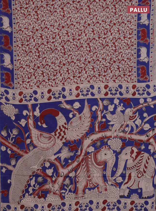 Kalamkari cotton saree maroon and blue with allover prints and pichwai border