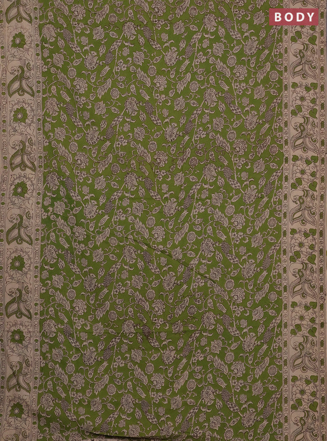 Kalamkari cotton saree light green and beige with allover prints and printed border