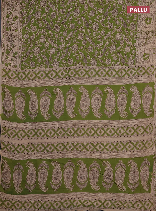 Kalamkari cotton saree light green and beige with allover prints and printed border