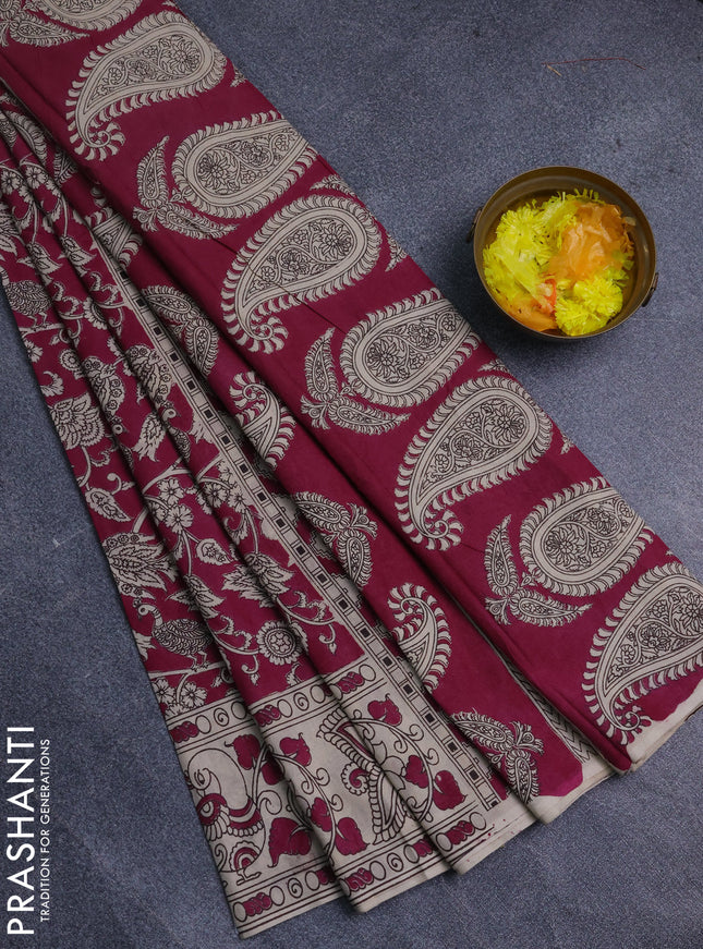 Kalamkari cotton saree magenta pink and beige with allover prints and printed border