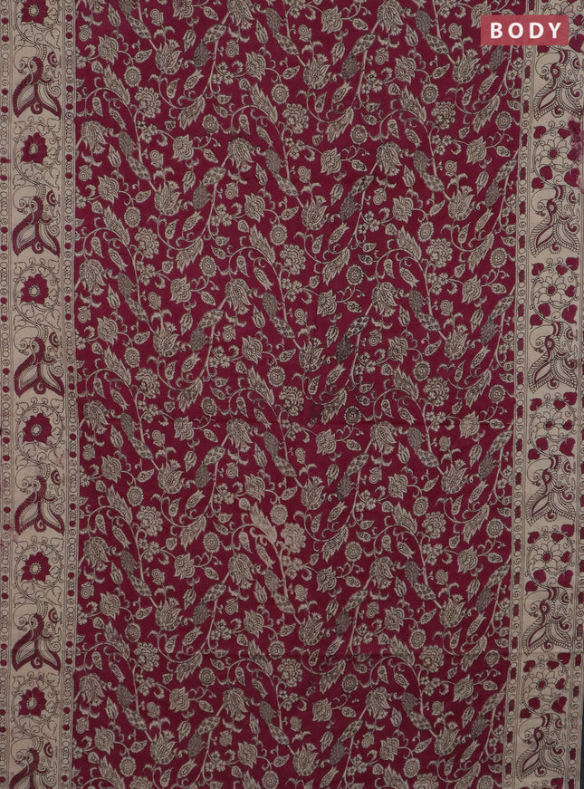 Kalamkari cotton saree magenta pink and beige with allover prints and printed border