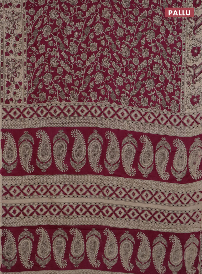 Kalamkari cotton saree magenta pink and beige with allover prints and printed border