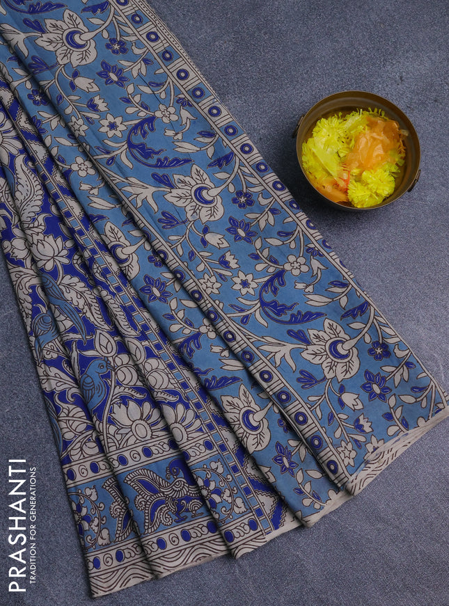 Kalamkari cotton saree blue and pastel blue with allover prints and printed border