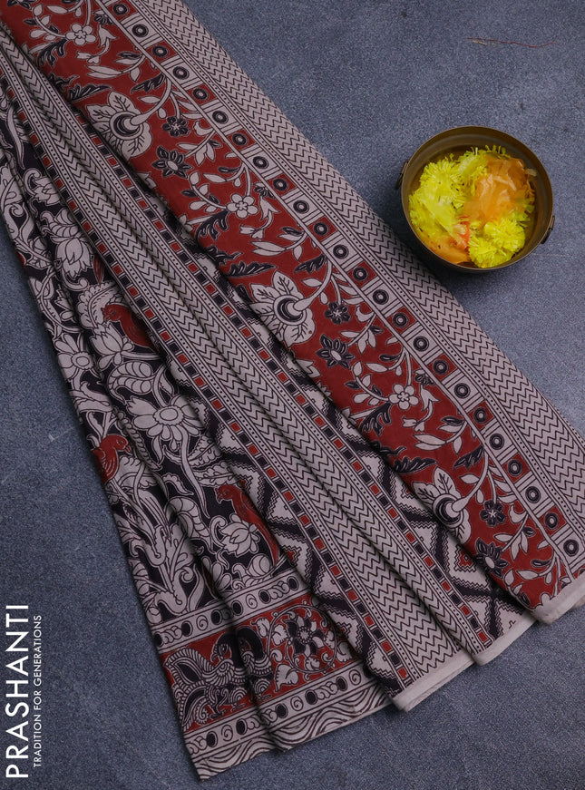 Kalamkari cotton saree black and maroon with allover prints and printed border