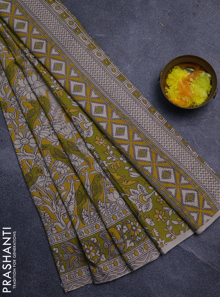 Kalamkari cotton saree yellow and light green with allover prints and printed border
