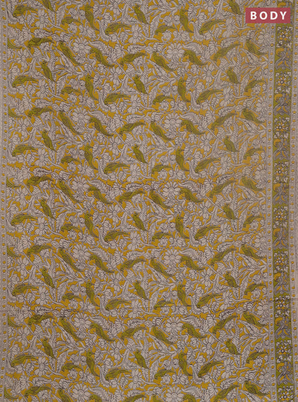 Kalamkari cotton saree yellow and light green with allover prints and printed border