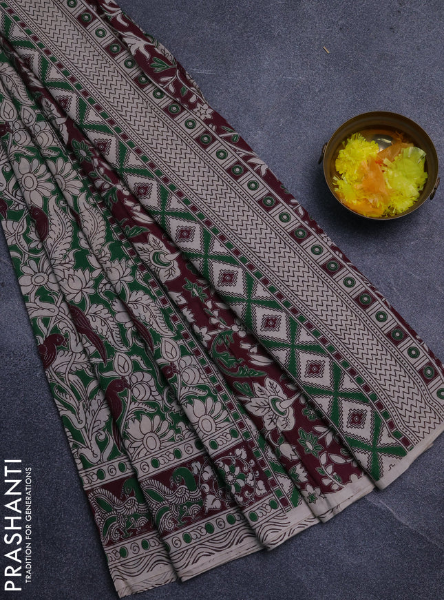 Kalamkari cotton saree green and deep maroon with allover prints and printed border
