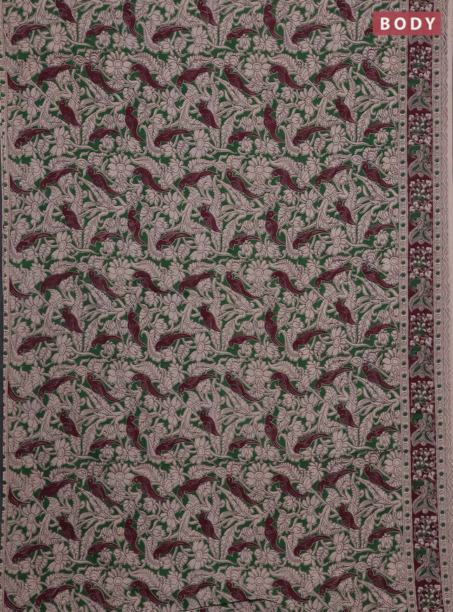Kalamkari cotton saree green and deep maroon with allover prints and printed border