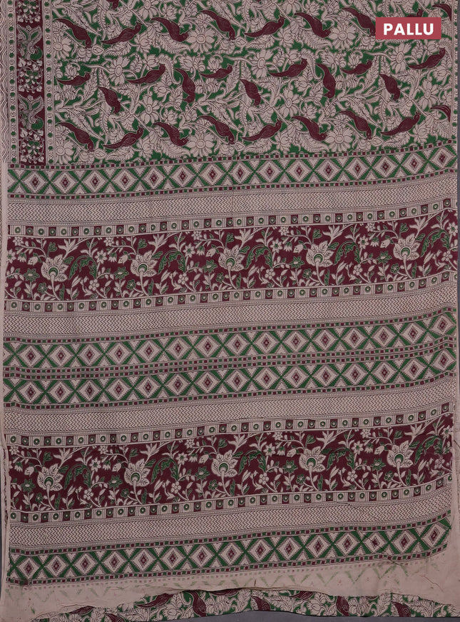 Kalamkari cotton saree green and deep maroon with allover prints and printed border