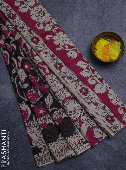 Kalamkari cotton saree black and beige with allover prints and printed border