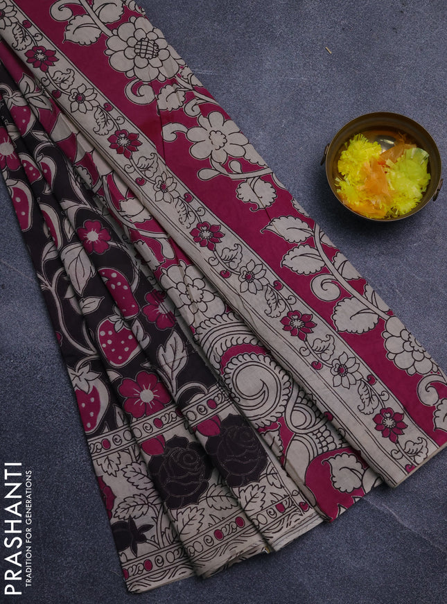 Kalamkari cotton saree black and beige with allover prints and printed border