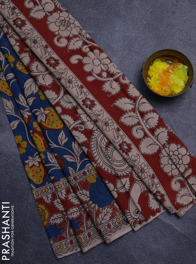 Kalamkari cotton saree blue and rust shade with allover prints and printed border