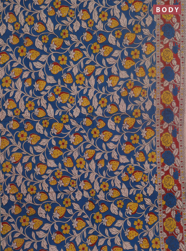 Kalamkari cotton saree blue and rust shade with allover prints and printed border