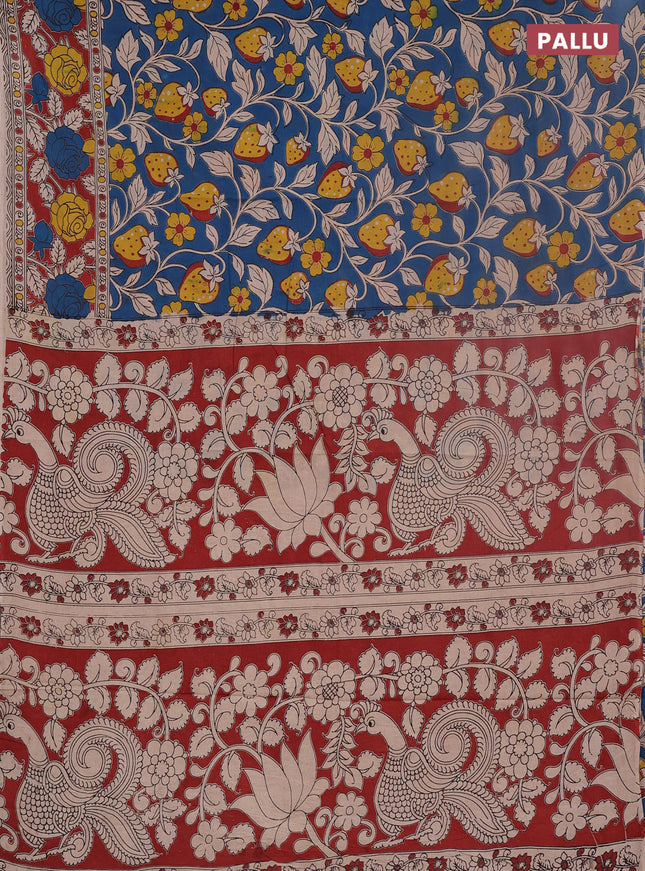 Kalamkari cotton saree blue and rust shade with allover prints and printed border