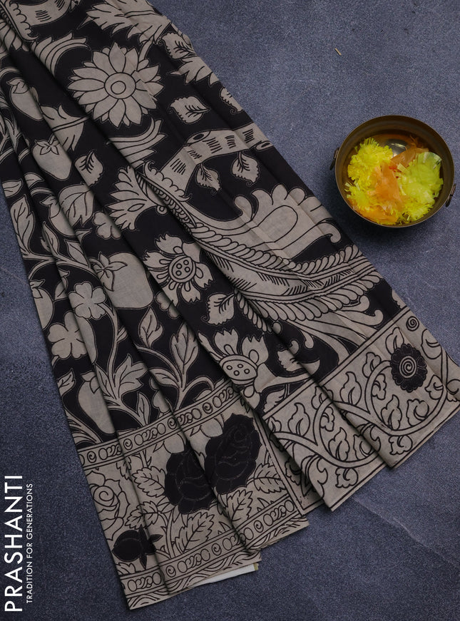 Kalamkari cotton saree black and beige with allover prints and printed border