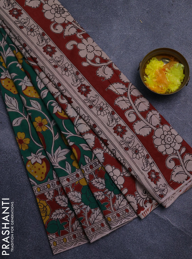 Kalamkari cotton saree green and rust shade with allover prints and printed border