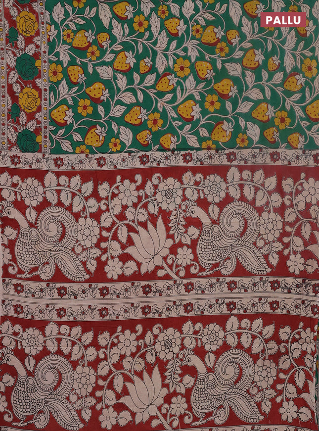 Kalamkari cotton saree green and rust shade with allover prints and printed border