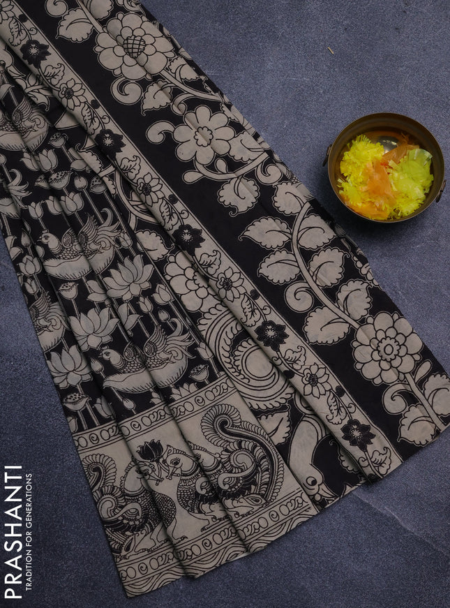 Kalamkari cotton saree black and beige with allover prints and printed border