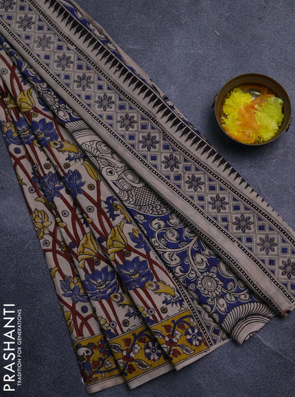 Kalamkari cotton saree beige and yellow with allover prints and printed border