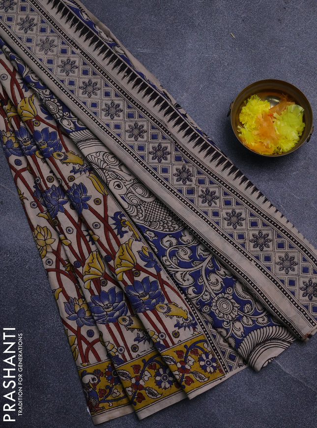 Kalamkari cotton saree beige and yellow with allover prints and printed border