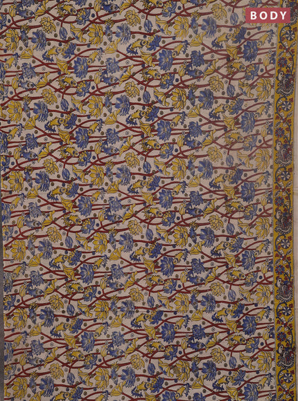 Kalamkari cotton saree beige and yellow with allover prints and printed border
