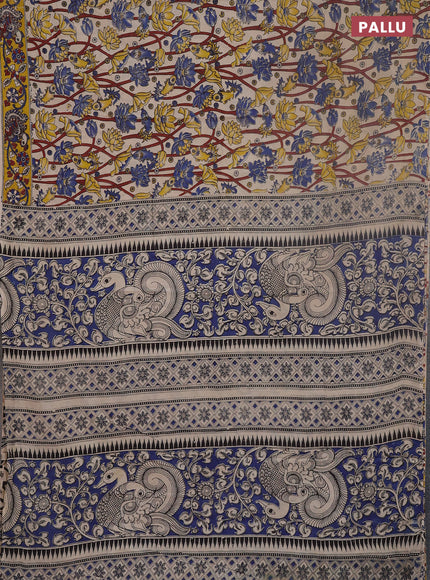 Kalamkari cotton saree beige and yellow with allover prints and printed border
