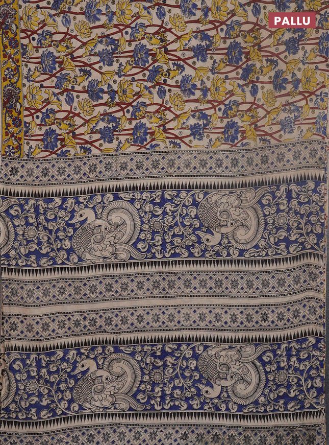 Kalamkari cotton saree beige and yellow with allover prints and printed border