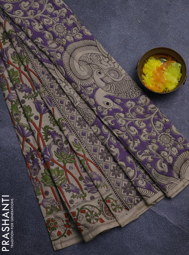 Kalamkari cotton saree beige and lavender with allover prints and printed border
